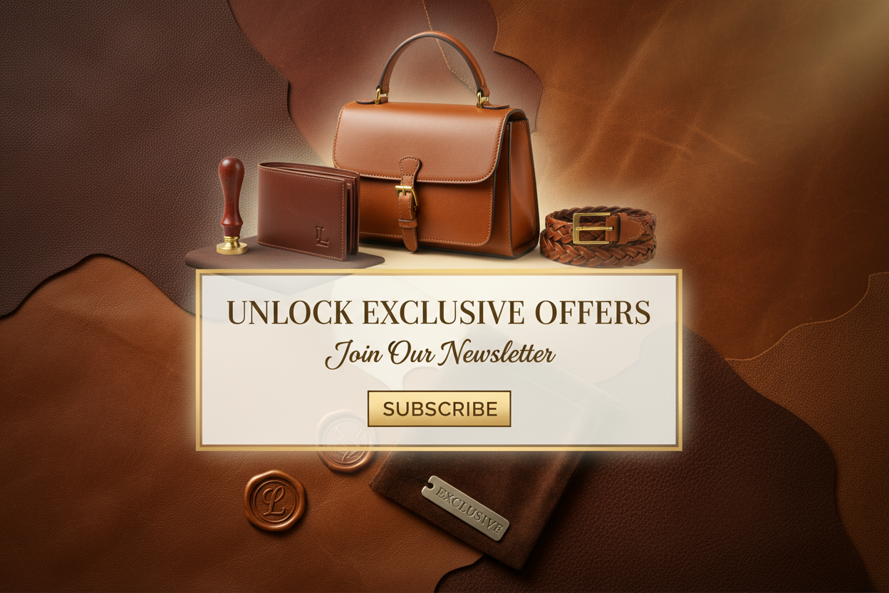 Create a image that boost website viewer to sign up for newsletter of leather made products.