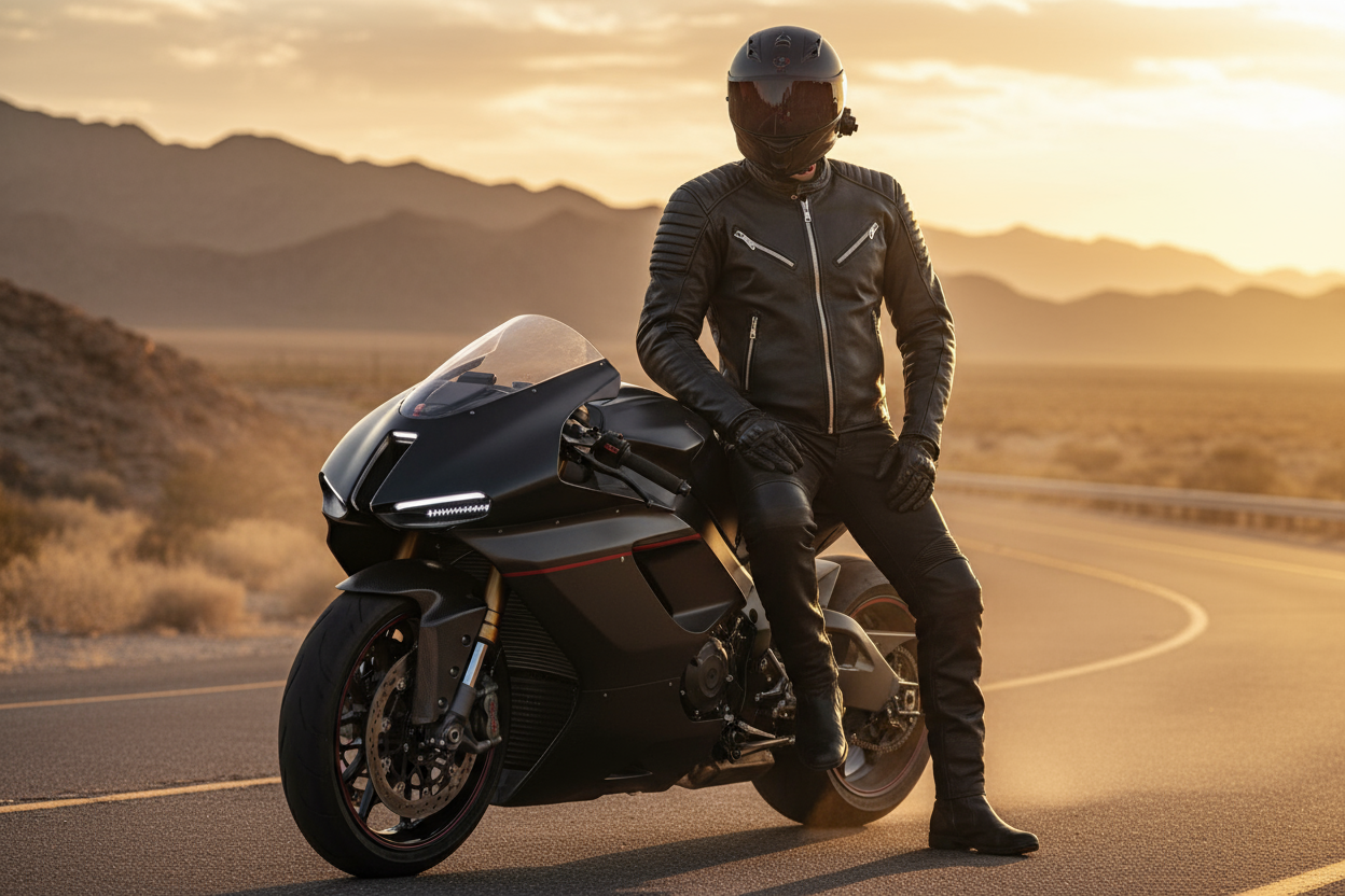 Men wearing leather jacket setting in racing bike