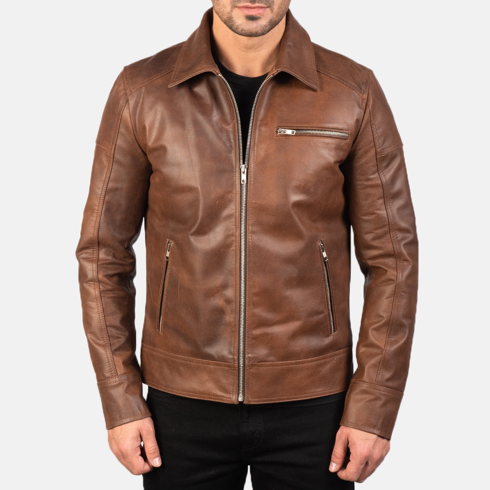 Men Brown Leather Jacket Sheepskin with Collar