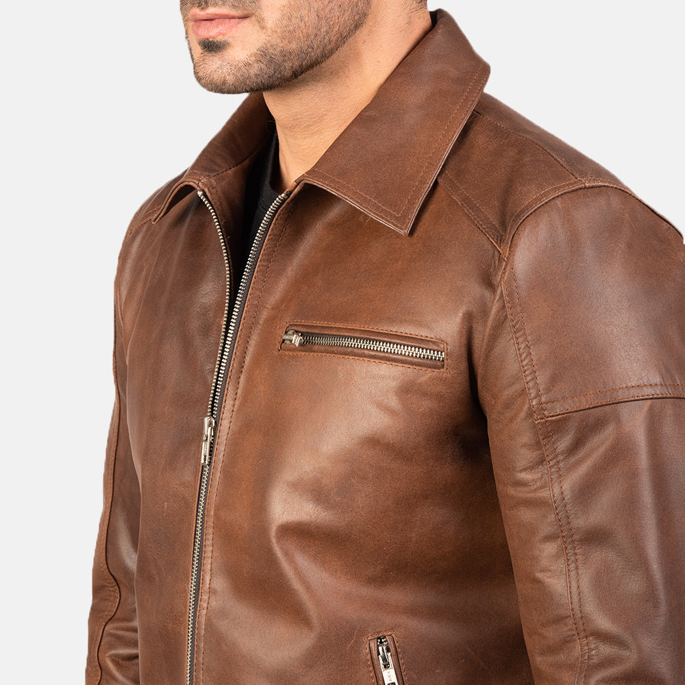 Men Brown Leather Jacket Sheepskin with Collar