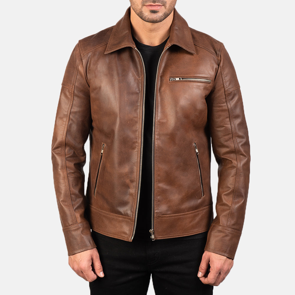 Men Brown Leather Jacket Sheepskin with Collar