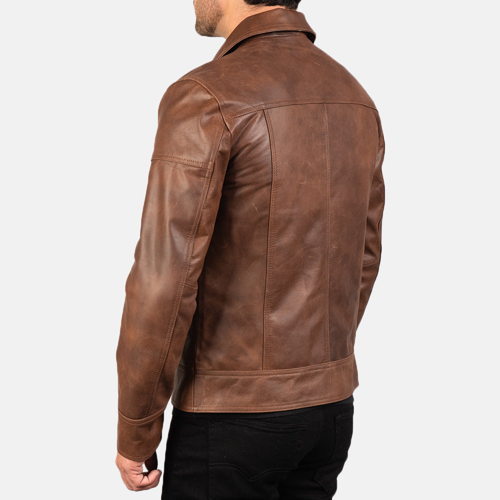 Men Brown Leather Jacket Sheepskin with Collar